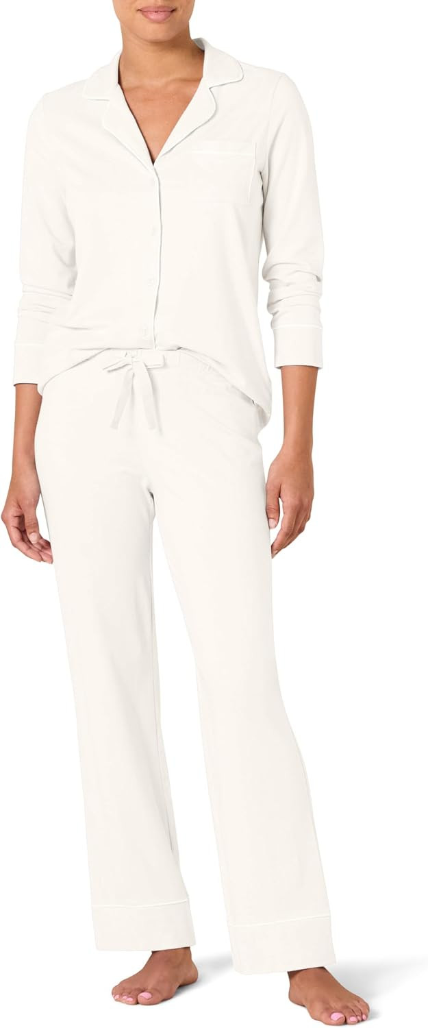Amazon Essentials Women's Cotton Modal Long-Sleeve Notch Collar Shirt and Full-Length Elastic Waist Pajama Pant Set | Amazon (US)