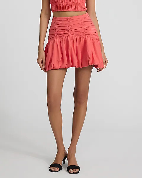 High Waisted Ruched Bubble Hem Mini Skirt | Express