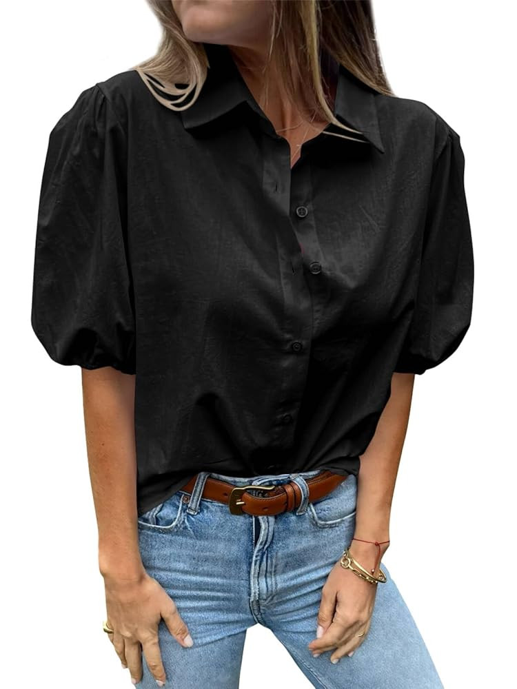 Tankaneo Women's Button Down Shirts Short Puff Sleeve Collared Dressy Casual Blouse Tops | Amazon (US)