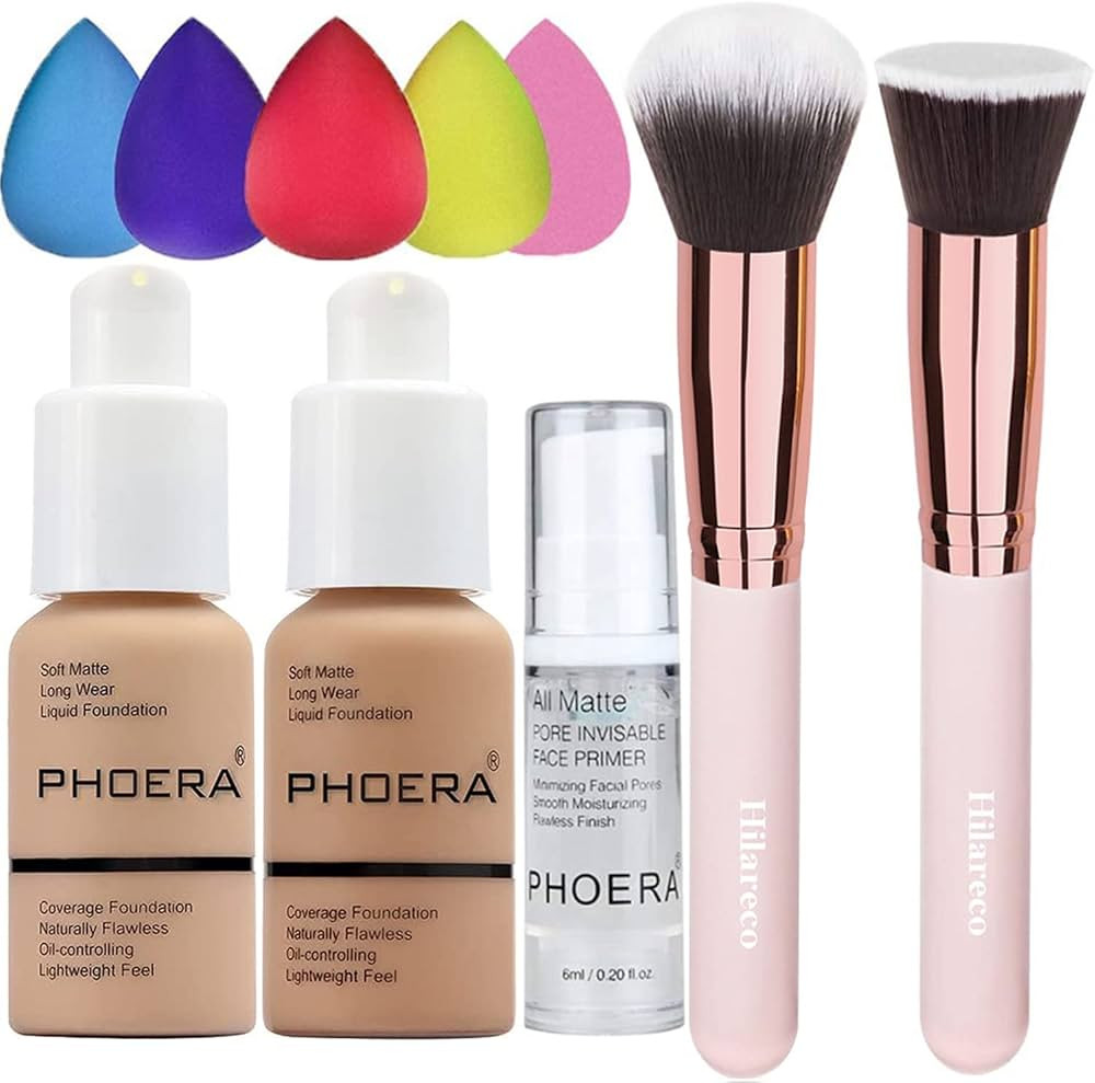 PHOERA Foundation 104 and 105 & Face Primer,Liquid Full Coverage Foundation Set,Foundation Brush ... | Amazon (US)