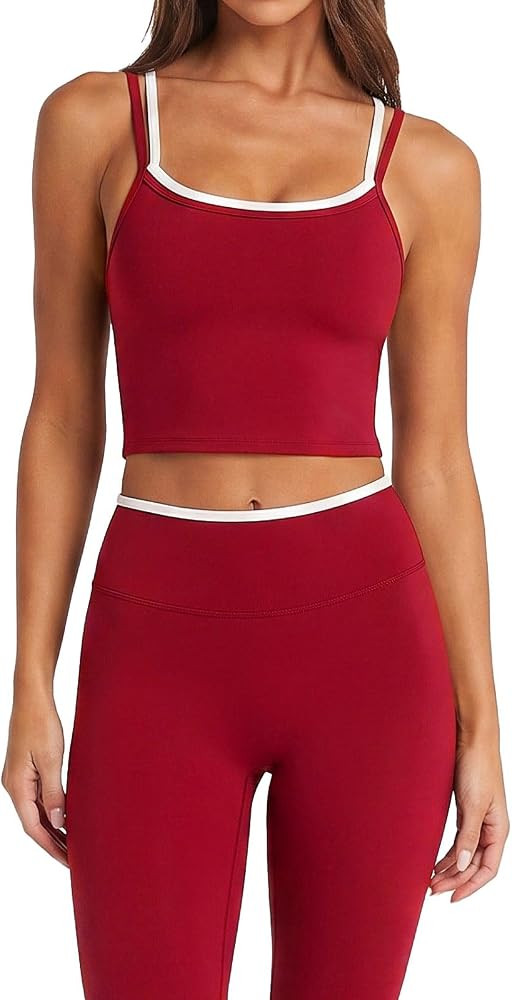 SUUKSESS Women Layered Workout Sets Padded Crop Camis Gym Active Leggings | Amazon (US)
