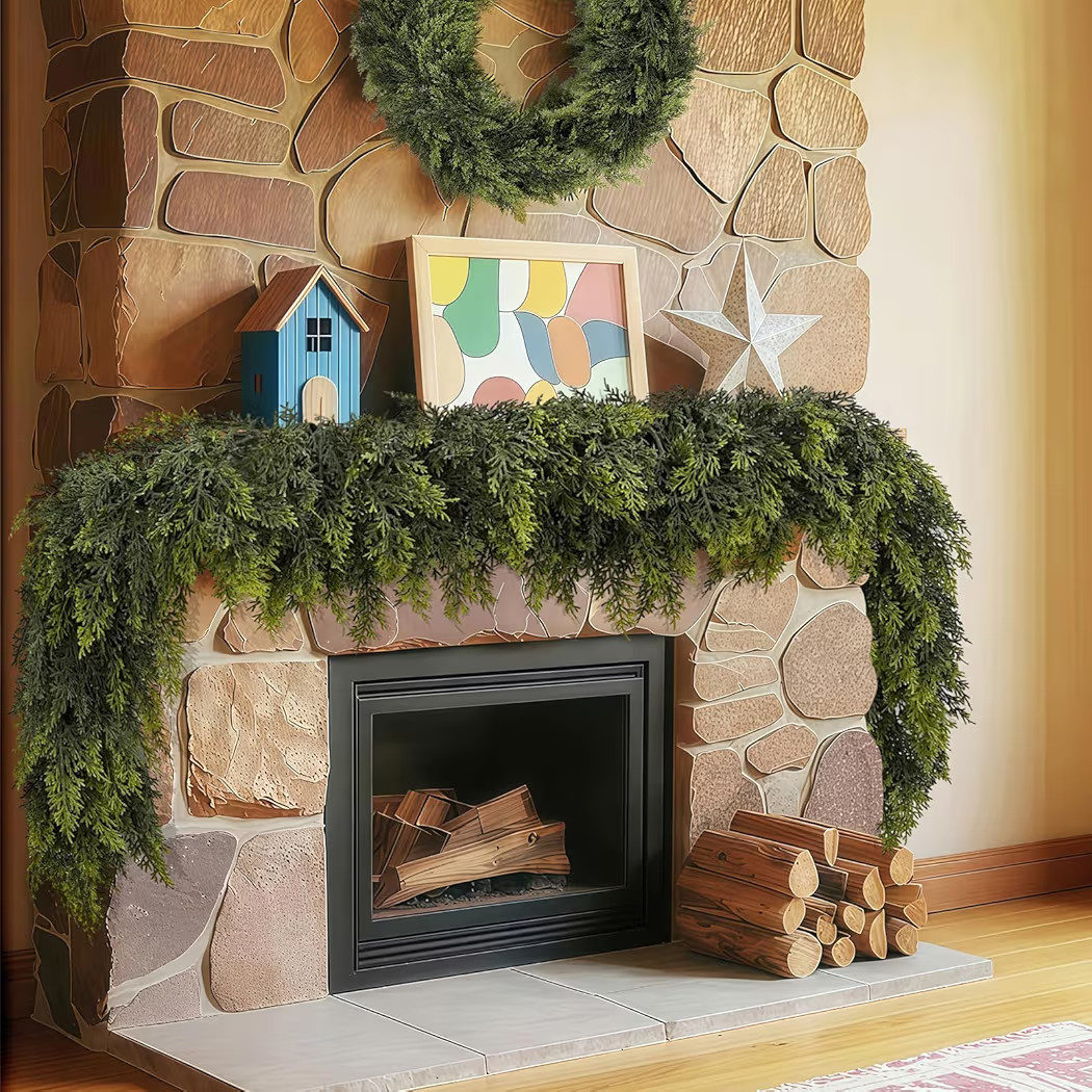 2 Pack 9Ft Christmas Garland, Real Touch Cedar Garland, Artificial Cypress Garlands for Mantle Fi... | Amazon (US)