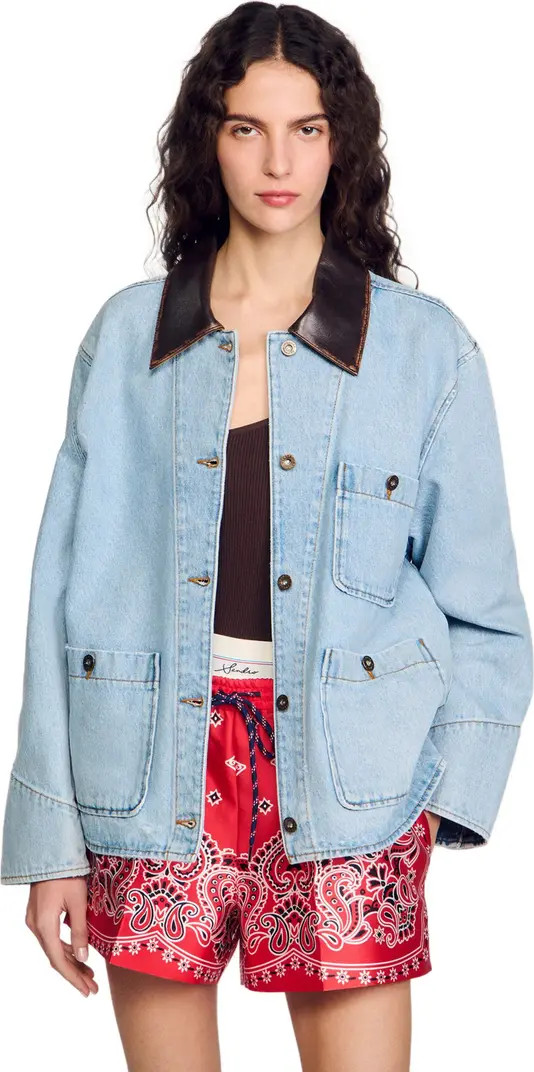 SANDRO Denim jacket with leather collar | Nordstrom | Nordstrom