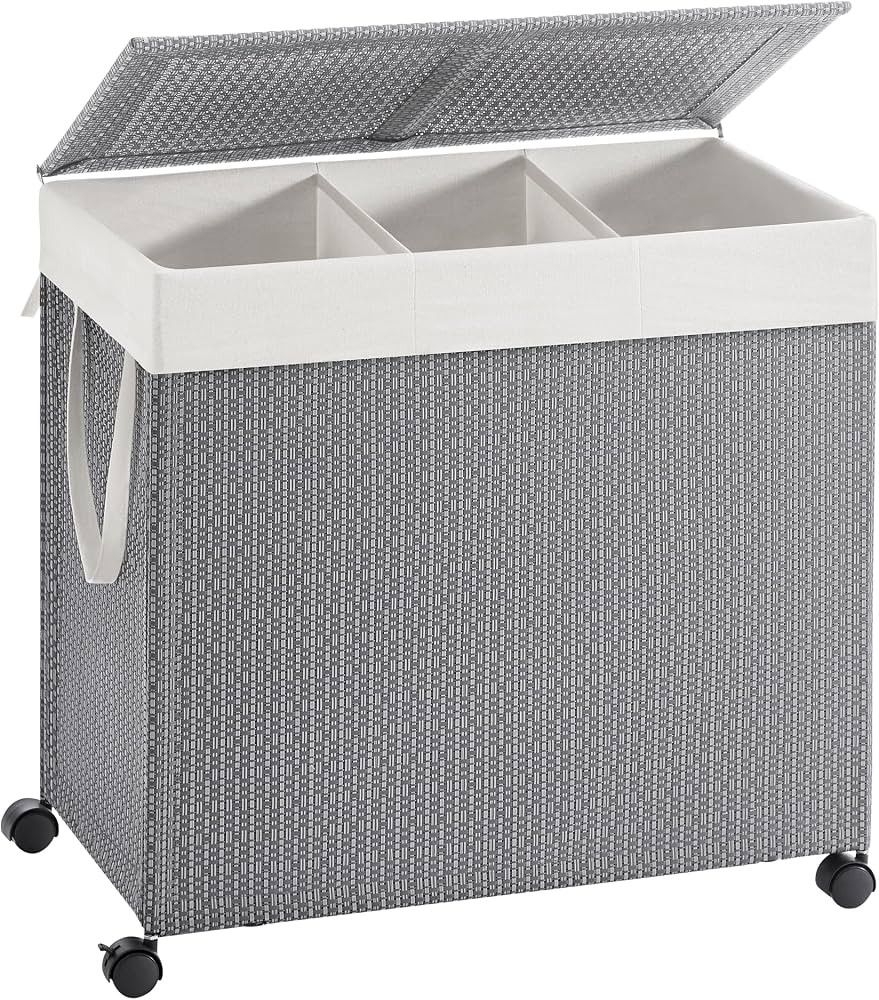 SONGMICS HOME Laundry Hamper with 3 Section, 140 L, Rattan, with Wheels | Amazon (US)