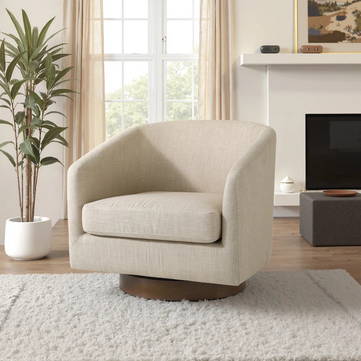 Applewold Upholstered Light Brown Cotton Blend Swivel Barrel Chair with Solid Wood Base | Wayfair North America