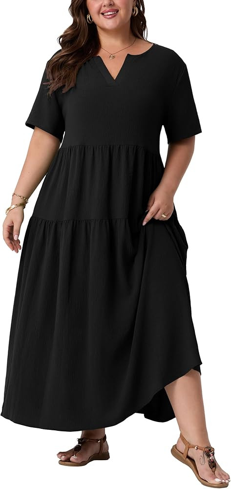 OLRIK Plus Size Maxi Dresses for Curvy Women - Flowy Boho Summer Dress with Pockets, V-Neck Short... | Amazon (US)
