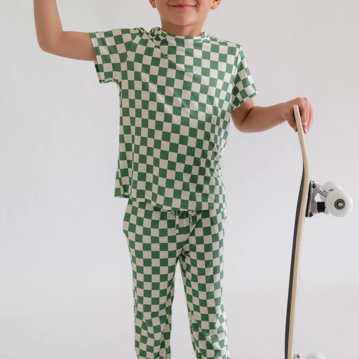 Youth Jogger Set In Green Checkered | Silks Design