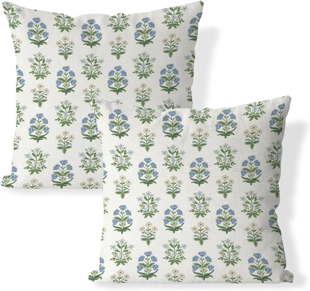 Blue Green Floral Pillow Covers 18x18 Set of 2 Spring Flower Leaves Print Decorative Throw Pillow... | Amazon (US)