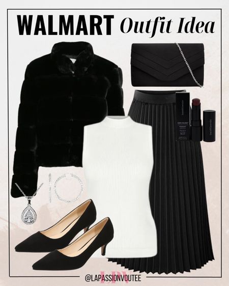 Strike a fierce pose at Walmart: Don a faux leather jacket over a sleek sleeveless turtleneck, twirl in a pleated skirt, step confidently in pumps, adorn with statement earrings and a necklace, then seal the deal with a bold lipstick. Elevate your style, turning Walmart into your runway!

#LTKSeasonal #LTKstyletip #LTKHoliday