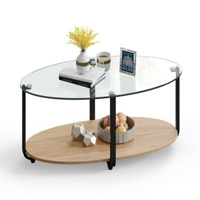 Costway Glass-Top Coffee Table 2-Tier Modern Oval Side Sofa Table w/ Storage Shelf | Target