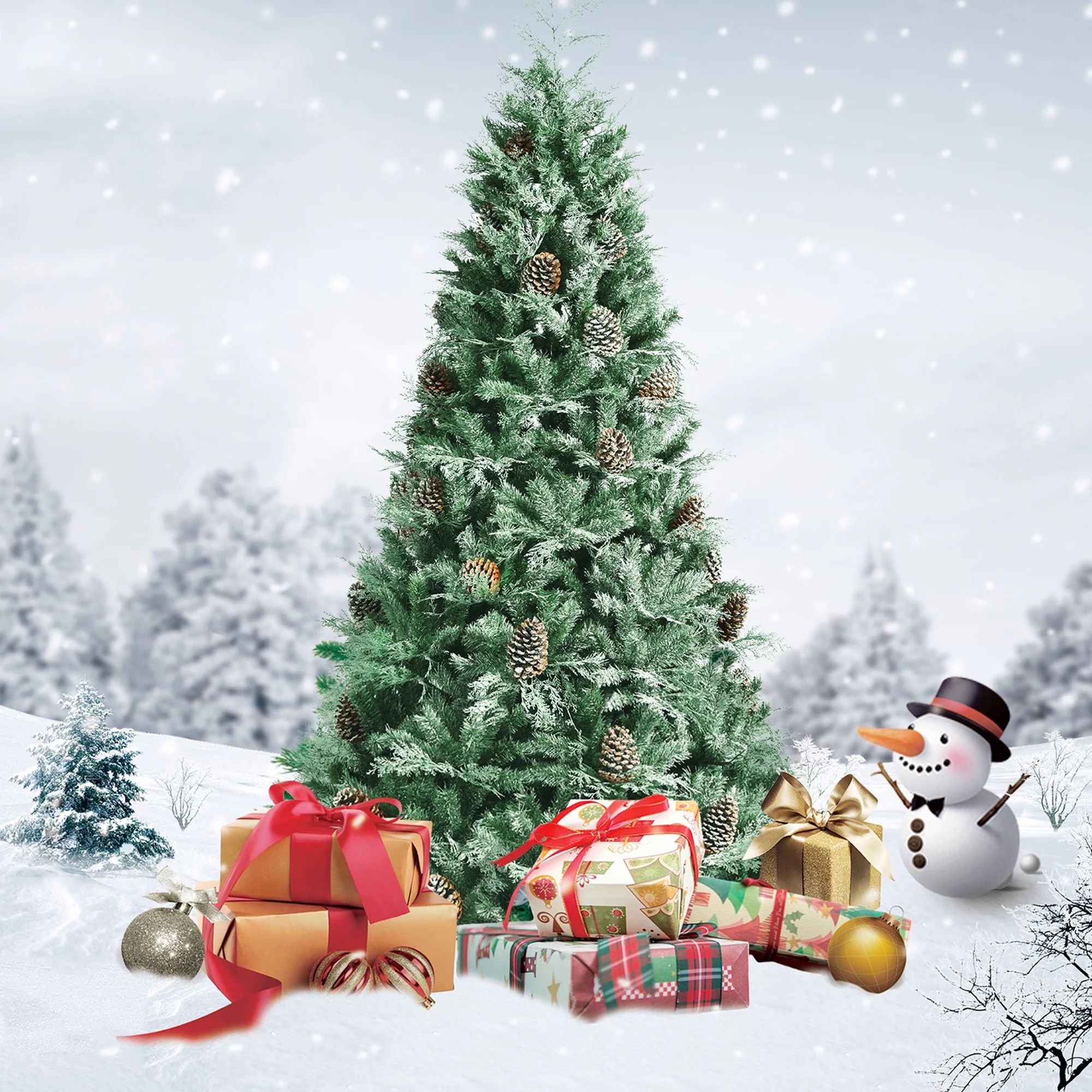 Gymax 8 Ft Snow Flocked Christmas Tree Artificial Unlit Hinged Tree w/Pine Cones | Walmart (US)