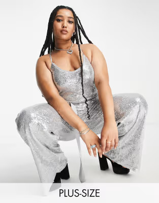 Extro & Vert Plus cami wide leg jumpsuit in silver sequin | ASOS (Global)
