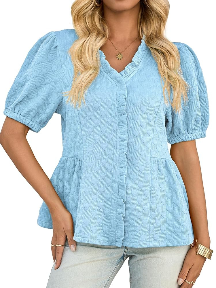 Cicy Bell Womens Peplum Puff Sleeve Tops Dressy Casual Summer Textured Blouses V Neck Ruffle Plea... | Amazon (US)