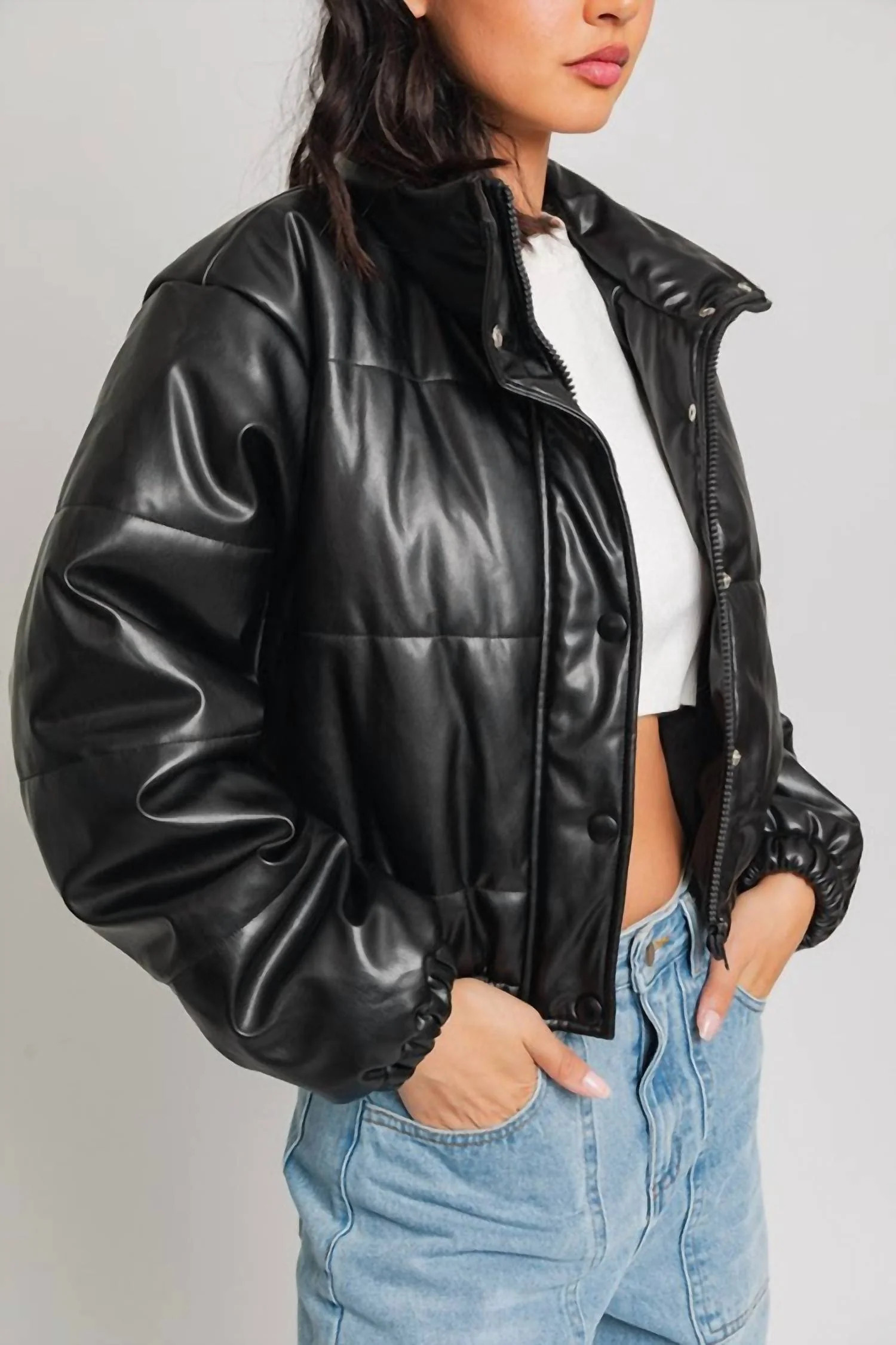 With Edge Faux Leather Puffer Jacket In Black | Shop Simon