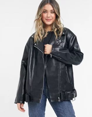 ASOS DESIGN longline oversized faux leather moto jacket in black | ASOS (Global)