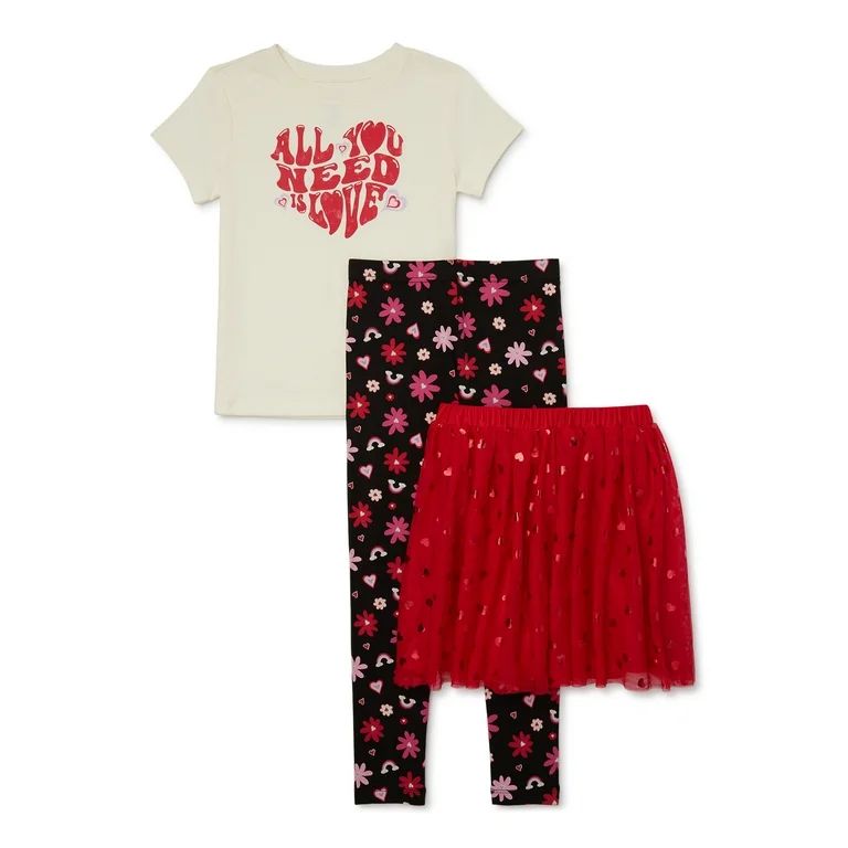 Wonder Nation Girls Valentine's Day Graphic T-Shirt, Leggings & Skirt Outfit Set, 4-Piece, Sizes ... | Walmart (US)