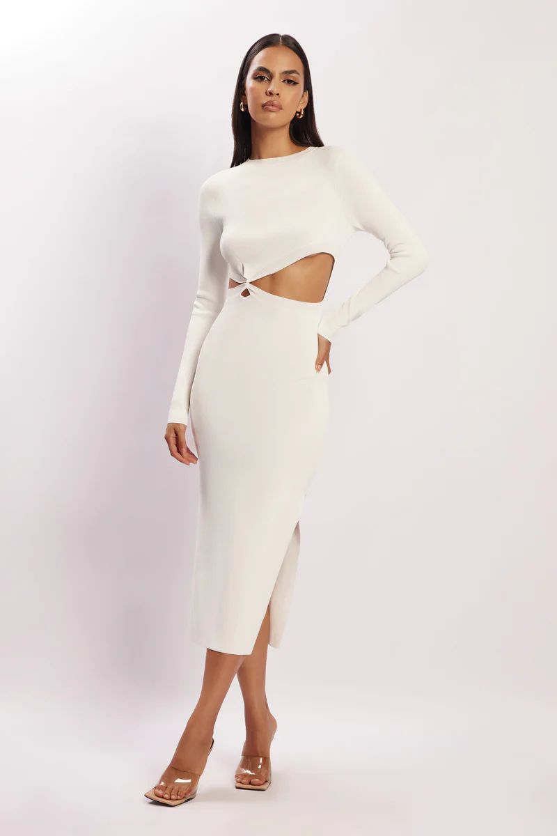 Mila Twist Front Knit Midi Dress - White | MESHKI US