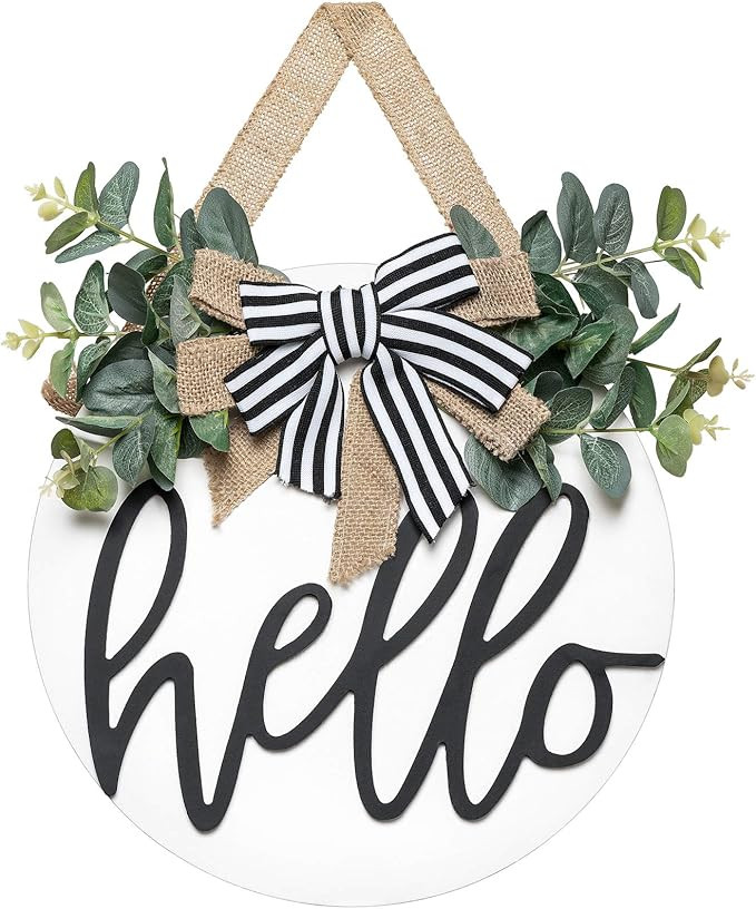 Dahey Rustic Hello Sign with Artificial Eucalyptus Front Door Decor Round Wood Hanging Sign Farmh... | Amazon (US)