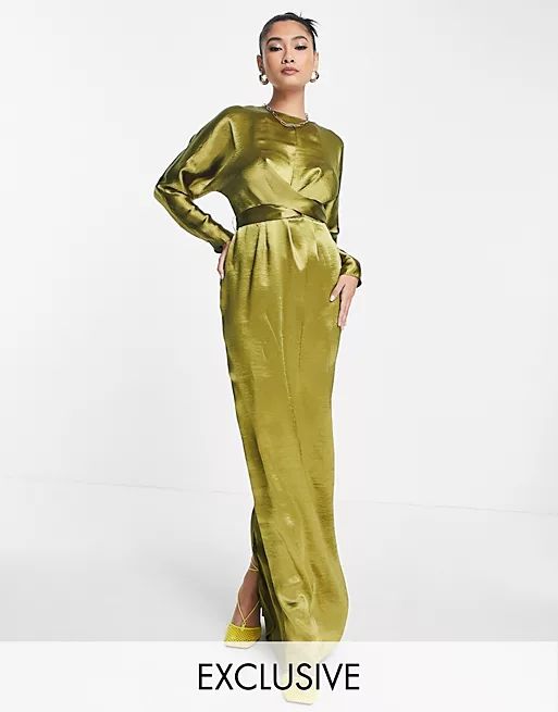 ASOS DESIGN maxi dress with batwing sleeve and wrap waist in satin in olive | ASOS | ASOS (Global)