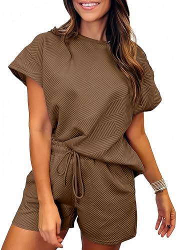 SHEWIN Women Two Piece Sets Summer Trendy Casual Matching Outfits Business Work Airport Vacation Lounge Clothes 2026 Fashion Short 2 Pcs Clothing Size 2XL, Brown | Amazon (US)