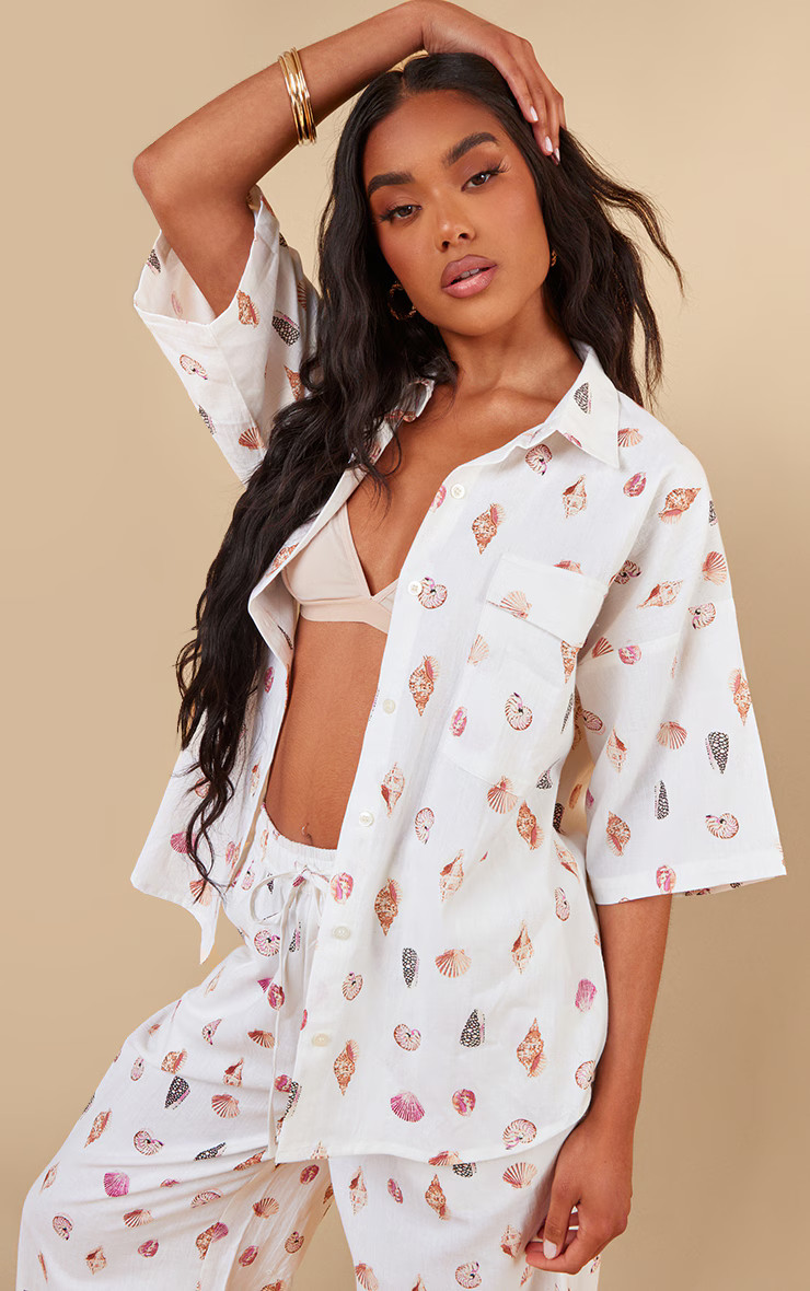 Cream Seashell Linen Boxy Short Sleeve Shirt | PrettyLittleThing US