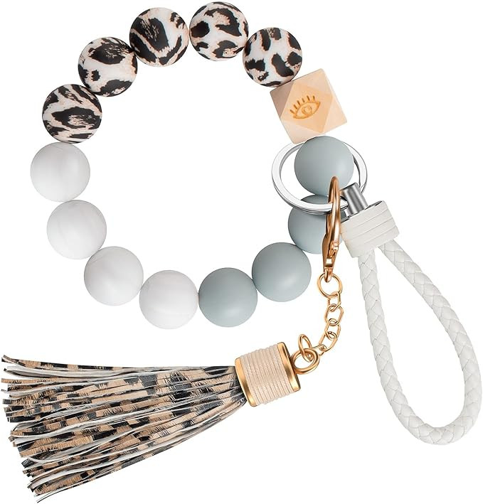 Keychain Wristlet, Silicone Beaded Keychain Bracelet with Soft Leather Tassel and Handwoven Leath... | Amazon (US)