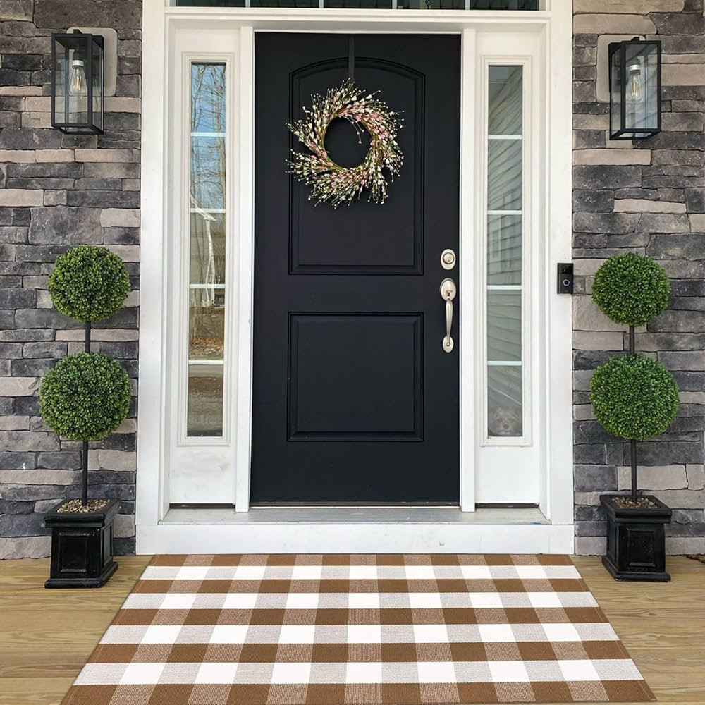 Buffalo Plaid Outdoor Rugs, 3'x5' Brown and White Checkered Indoor/Outdoor Area Rug, Layering Rug... | Amazon (US)