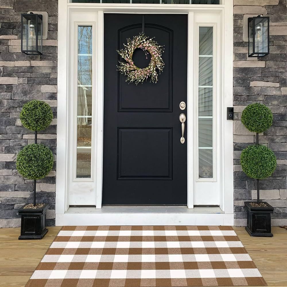 Buffalo Plaid Outdoor Rugs, 3'x5' Brown and White Checkered Indoor/Outdoor Area Rug, Layering Rug... | Amazon (US)