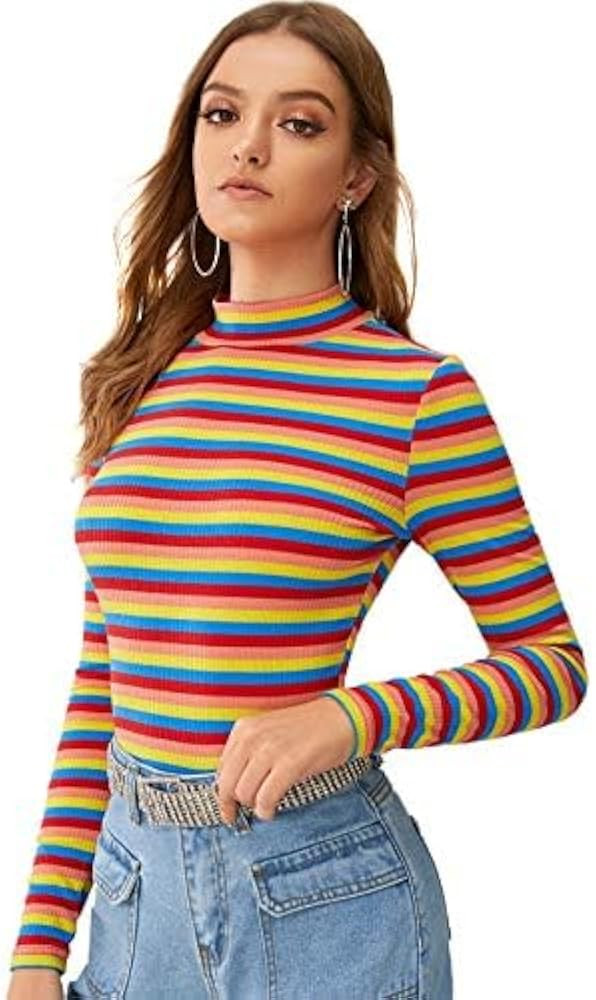 Floerns Women's Mock Turtleneck Long Sleeve Slim Fit Stretch Striped T-Shirts Tunic Tops Fall Fas... | Amazon (US)