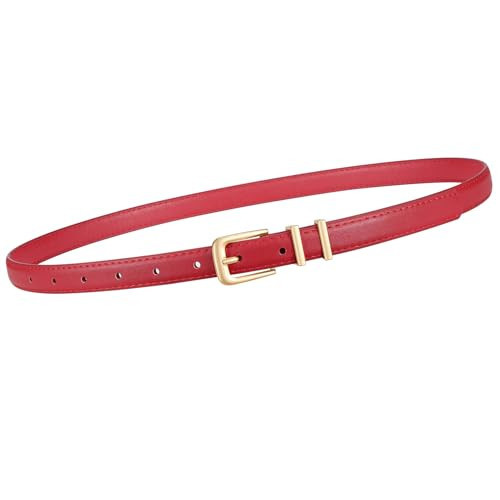 TRIWORKS Women Skinny Belt for Jeans Pants Dress Fashion Thin Faux Leather Belt with Gold Buckle,Red | Amazon (US)