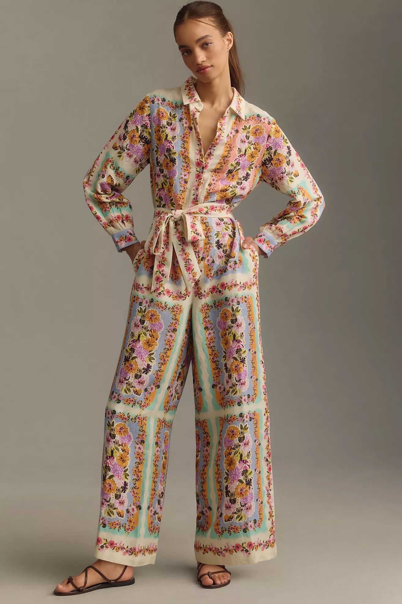 Ranna Gill Long-Sleeve Printed Linen Jumpsuit | Anthropologie (US)