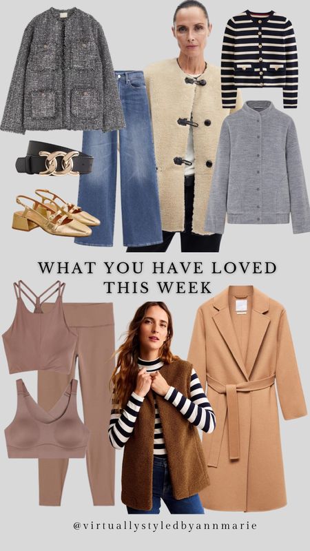 Weekly Favourites 

Boucle jacket, Mary Janes, wide leg jeans, Toteme style coat, bomber jacket, striped cardi, borg waistcoat, camel coat 