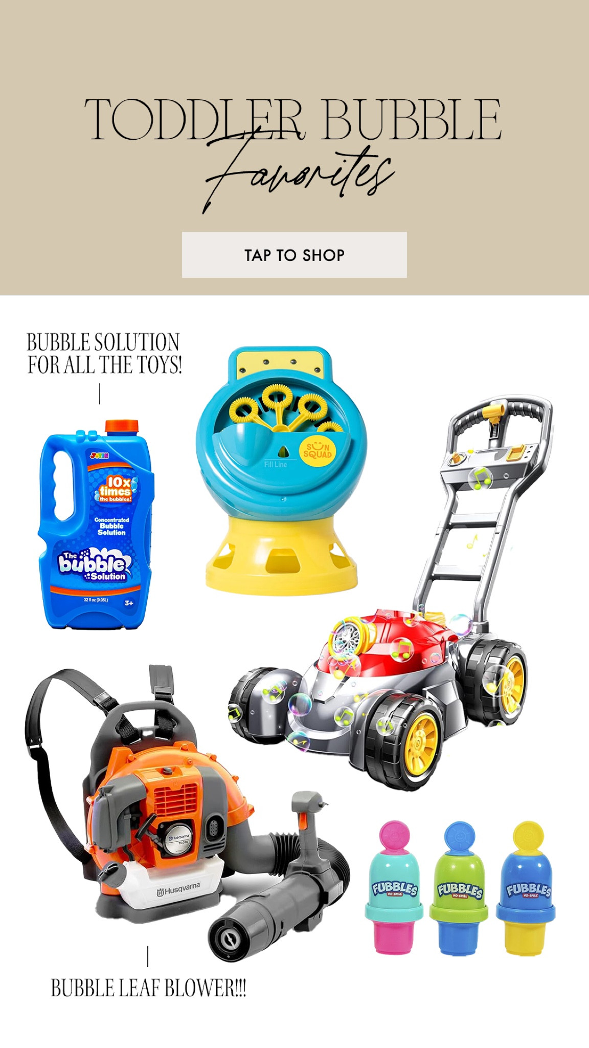 Our bubble toys that are played with every single day! This bubble concentrate has lasted us forever!!! A tiny bit mixed with water is perfect for any of the bubble toys 🫧

Toddler bubbles, Amazon finds, Amazon favorites, bubble mower, bubble leaf blower 

#LTKSeasonal #LTKfindsunder100 #LTKkids