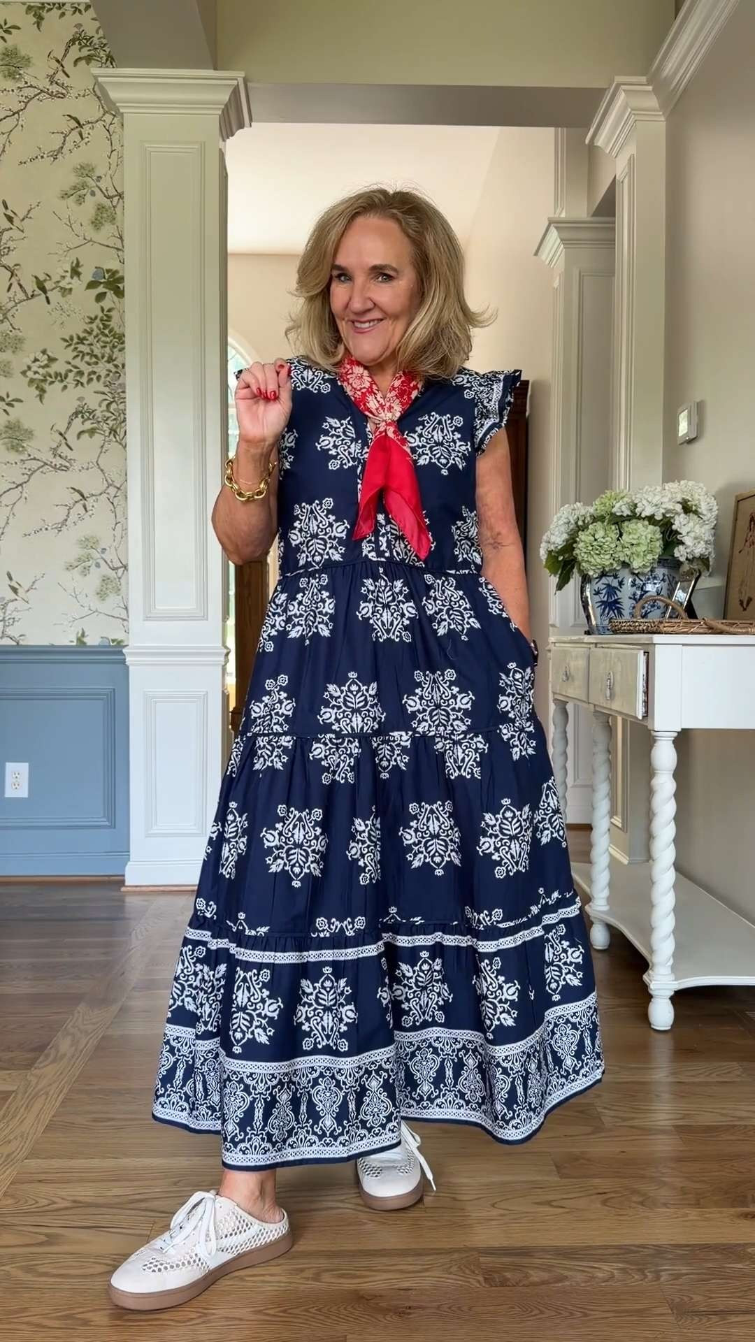 This navy printed dress is perfect for 4th of July events, family picnics, summer parades, and casual weekend gatherings. Added the red scarf for the cutest Americana touch ✨ 

 #LTKootd #LTKSeasonal #LTKSaleAlert