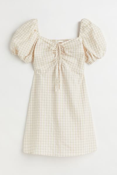 Short dress in a woven linen and cotton blend. Sweetheart neckline, drawstring and ties at front,... | H&M (US + CA)