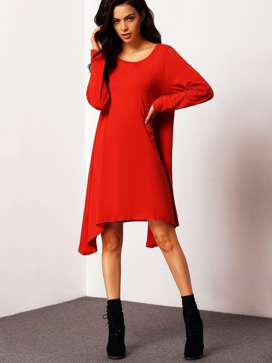 Rust Long Sleeve High Low Plus Size Dress | SHEIN