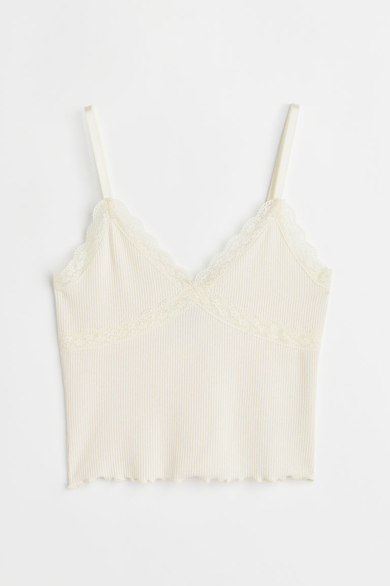 H & M - Lace-trimmed Ribbed Top - White | H&M (US + CA)