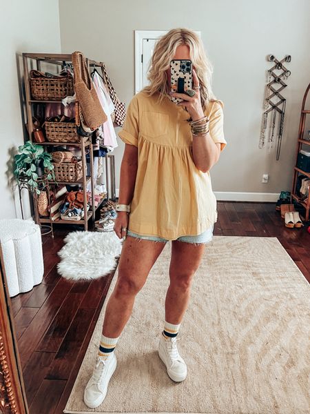 This yellow top is so adorable! It comes in more colors and has the cutest fit! I love it over denim shorts but could be styled several cute ways!!  
Top M
Denim shorts TTS 
Sneaks Sized down 


#LTKFindsUnder50 #LTKStyleTip #LTKOver40