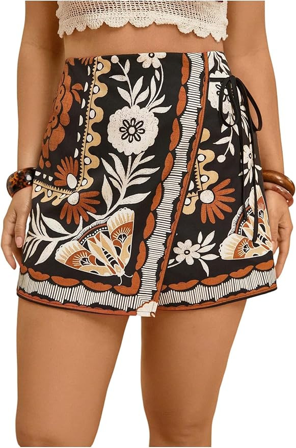 Floerns Women's Plus Size Summer Skorts Floral Wrap Tie Side Wide Leg Boho Skirt Shorts | Amazon (US)