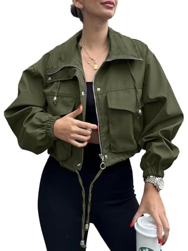 Tankaneo Womens Cropped Jacket Zip Up Lightweight Oversized Utility Anorak Coat with Pockets | Amazon (US)