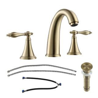 Double Handle 3-Hole Deck Mount Bathroom Vessel Sink Faucet with Pop-Up Drain and Hot/Cold Water Hoses in Gold Brushed | The Home Depot