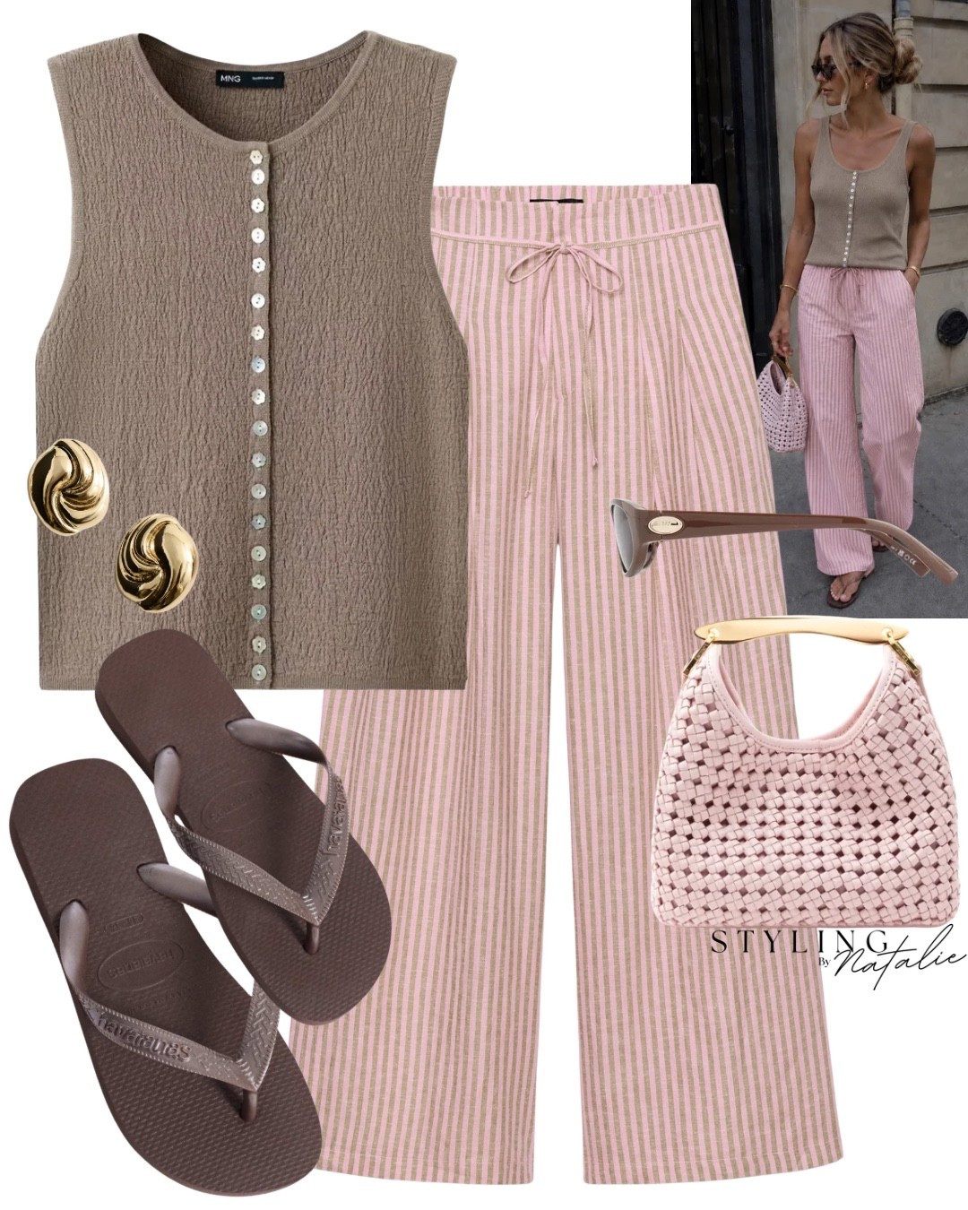 Cute summer look 🌸🤎
Stripe, drawstring, linen, wide leg trousers, brown button detail top, brown Havaianas and woven pink bag. 
Zara, everyday, casual chic

#LTKuk #LTKsummer #LTKshoes