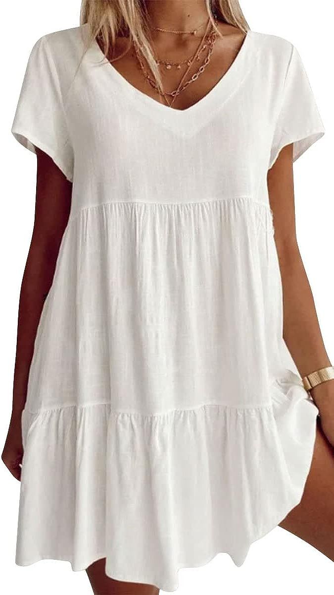 Fangetey Women's V-Neck Tshirt Dress Loose Casual Short Sleeve Summer Tunic Short Flowy Swing Dre... | Amazon (US)