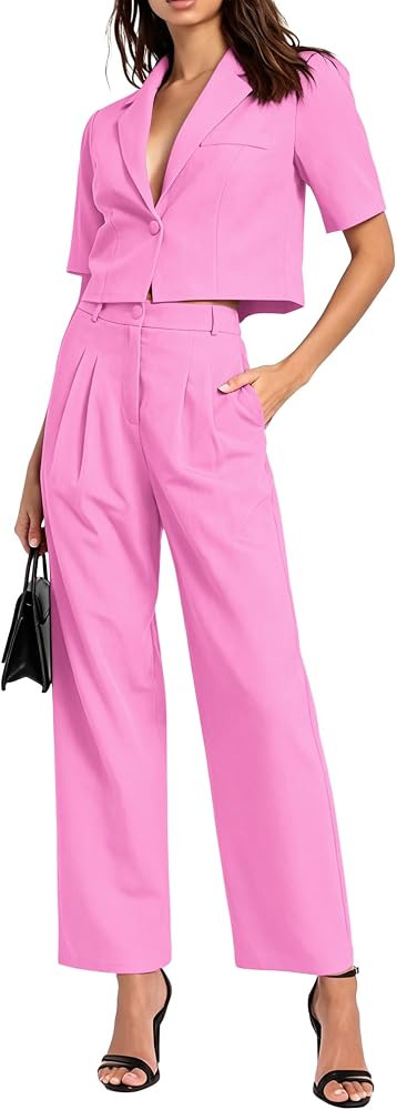AGSEEM Womens Suits 2 Piece Set Business Short Sleeve Cropped Blazer and Wide Leg Pants Set Offic... | Amazon (US)