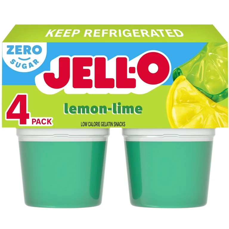 Jell-O Lemon-Lime Artificially Flavored Zero Sugar Ready-to-Eat Gelatin Snack Cups, 4 ct Cups | Walmart (US)
