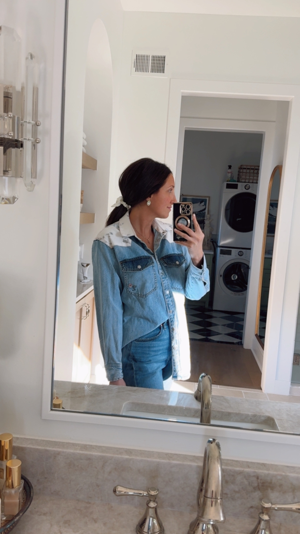 Western but make it super girly! Love the blue and white top portion of the shirt but also the delicate pink embroidered flowers. 10/10! I normally wear a M but sized down to a SM.m 

 #LTKgrwm #LTKootd #LTKTall