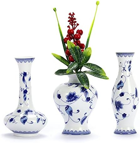 Set of 3 Small Blue & White Porcelain Vases, Fambe Glaze Porcelain Vases Set of 3, Classic Ceramic F | Amazon (US)