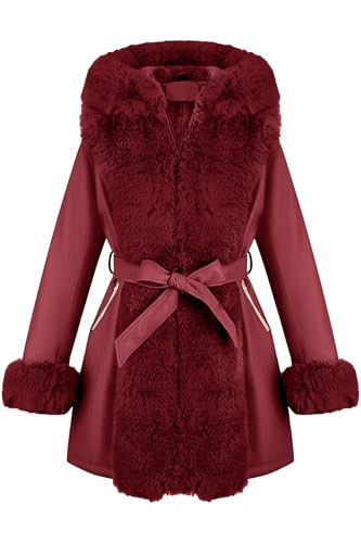 RISISSIDA Luxurious Fur Lined Faux Leather Jacket Women Winter Coat Hood Long Fur Collar Cuffs Zipper Up Pockets,Thick Warm Heavy Overcoat Belted Wine Red XXL | Amazon (US)