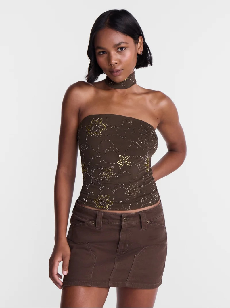 No Boundaries Embellished Tube Top with Scarf, Women\u2019s XXS-XXL | Walmart (US)