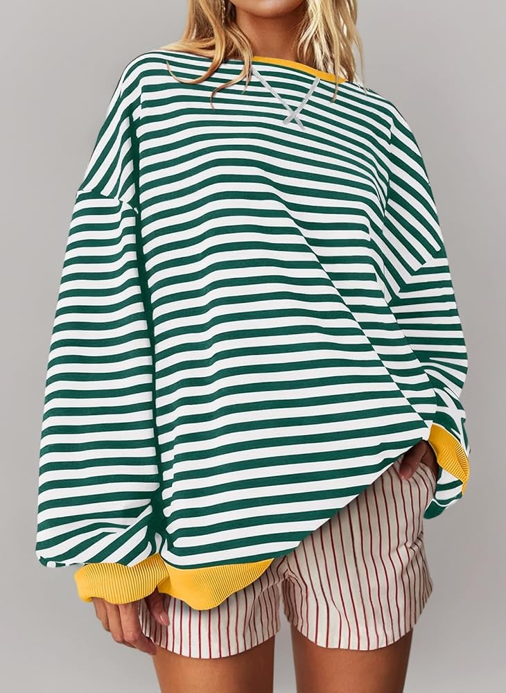 UEU Women Oversized Striped Crewneck Sweatshirt Long Sleeve Color Block Pullover Tops Casual Loos... | Amazon (UK)
